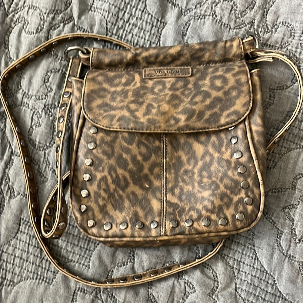 Volcom Brown Tan Crossbody Bag with Leopard Print